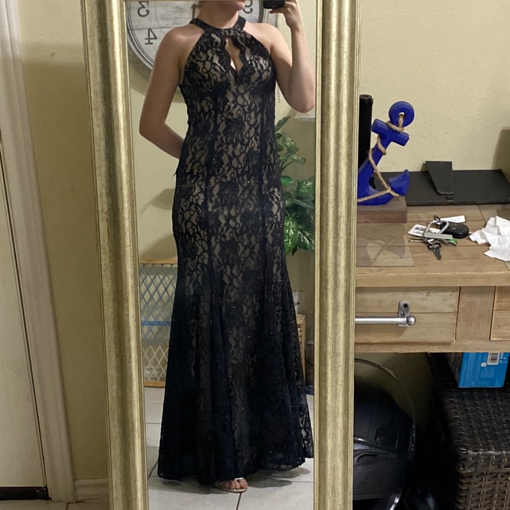 Floor length black lace formal dress with nude slip